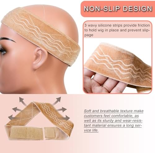 Wig Grip Band Flexible Velvet Scarf Adjustable Comfort Headband Wig Comfort Non-Slip Adjustable Fasten Wig Bands with Wavy Silicone (Beige) - Image 6