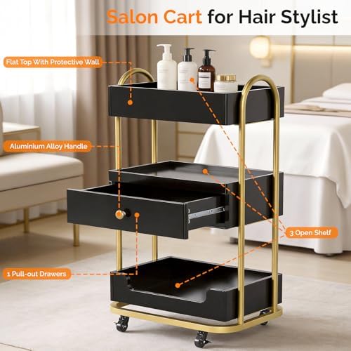 OmySalon Salon Trolley Cart, Hair Styling Station with 3 Trays & 1 Drawer, 2 Lockable Wheels, Esthetician Cart Mobile Storage Cabinet for Beauty Spa Barbershop, Black - Image 3