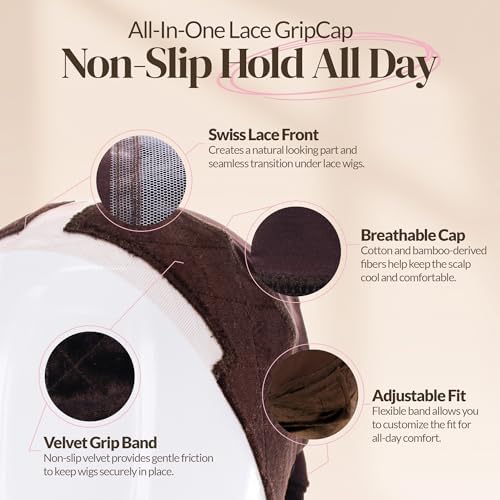MILANO COLLECTION Lace Wig Grip Cap for Women, Adjustable Wig Caps for Women Non Slip with Headband to Secure Lace Top Perfectly in Place, One Size Fits All, Chocolate Brown, 2 Pack - Image 4