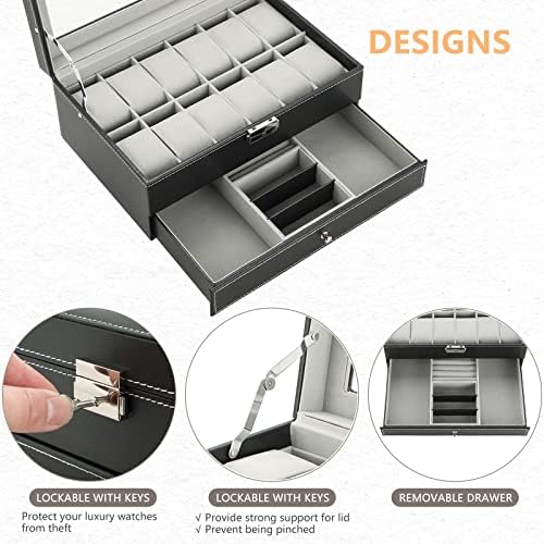 MYFULLY 2-Layer Watch & Jewelry Box with Drawer, PU Leather Display Case - Image 5