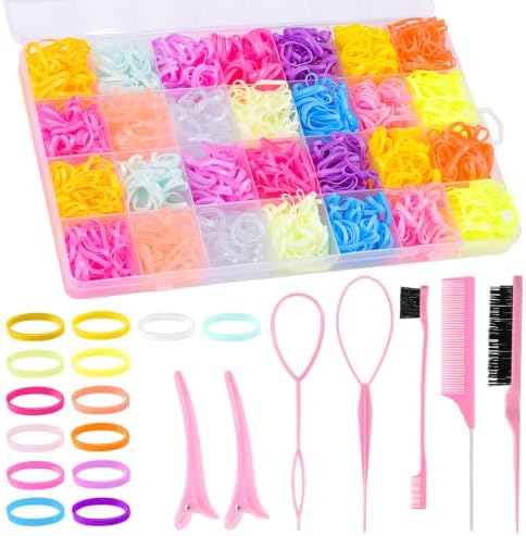Rubber Bands for Hair with 8 Styling Tools 28 Grid Pastel Hair Elastics Set with Storage Box for Braids Ponytails Toddlers Women Styling and Crafts by BESARME