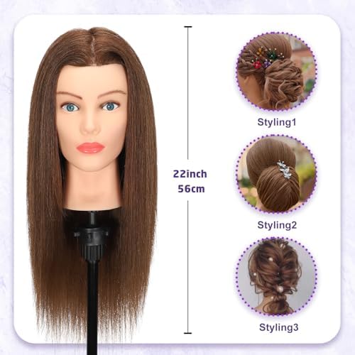 Mannequin Head Human Hair - Cosmetology Manikin Doll Head with 100% Real Hair for Hairdresser Practice Styling Braiding & Free Clamp Holder (Dark Brown) - Image 4