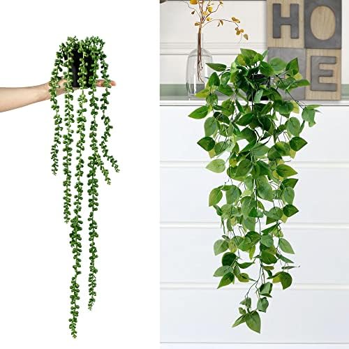 Sggvecsy Fake Hanging Plants 4 Pack Artificial Hanging Plants Fake Potted Greenery Faux Eucalyptus Vine String of Pearls Boston Fern Ivy Vine Leaves for Home Indoor Outdoor Shelf Wall Garden Decor - Image 4