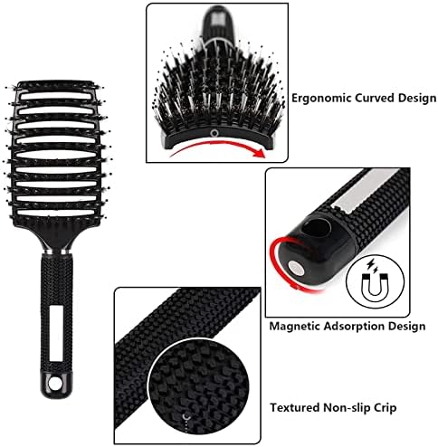 2pack Boar Bristle Hair Brush No Pull Curved Vented Hair Brushes Detangler Brush Fast Blow Drying Hair Brush for Kids Men Women Wet Dry Long Thin Thick Curly Tangled Hair (red+black) - Image 3