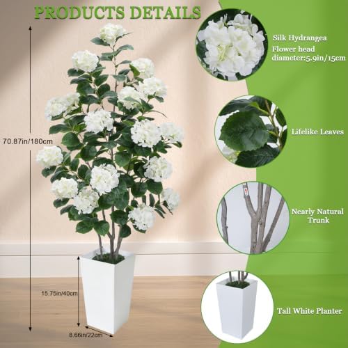GTIDEA 6FT White Hydrangea Artificial Trees with Tall Planter for Porch - Image 3