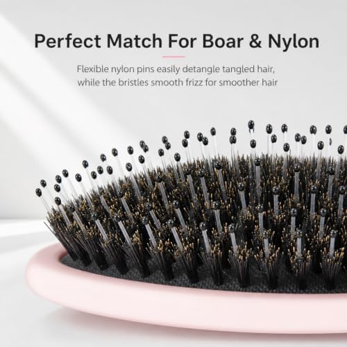 Boar Bristles Hair Brush for Women and Men, Detangling Hair Brush for Smoothing Massage Add Shine, Nylon&Boar Bristles Detangler brush for Hair Healthy (1 Pack-Pink) - Image 3