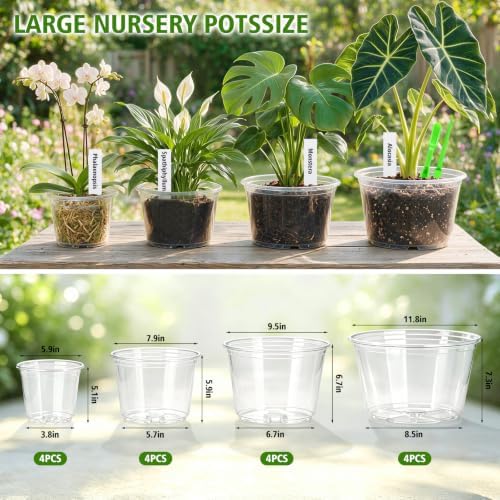 16 Pack 12/10/8/6 Inch Clear Nursery Pots with Drainage, Large Plastic Nursery Pots for Plants with Labels, Clear Plant Pots for Succulents, Flower & Vegetable - Image 3