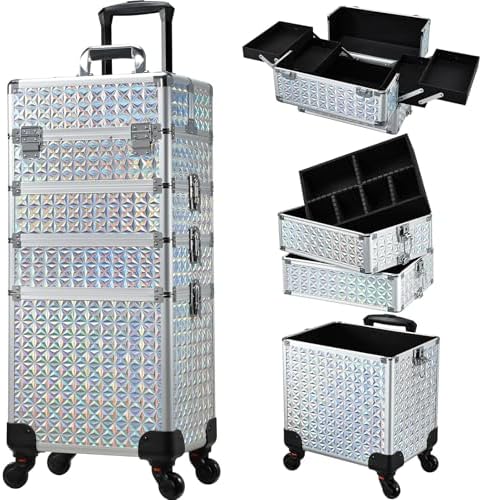 Stagiant Rolling Makeup Case Cosmetology Case on Wheels 4 in 1 Large Cosmetic Organizer Train Case Makeup Travel Case with Key Nail Artist Salon Storage Traveling Cart Big Trunk Shiny Silver by Stagiant