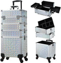 Stagiant Rolling Makeup Case Cosmetology Case on Wheels 4 in 1 Large Cosmetic Organizer Train Case Makeup Travel Case with Key Nail Artist Salon Storage Traveling Cart Big Trunk Shiny Silver by Stagiant
