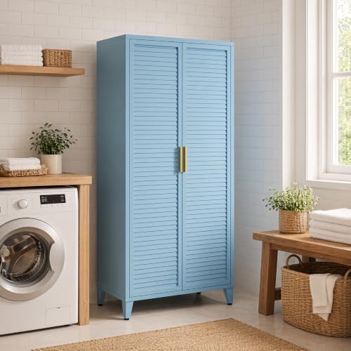 61" H Metal Storage Cabinet with Hanger Rod and 3 Shelves, Kitchen Pantry Cabinet, Tall Freestanding Utility Cupboard, Blue Steel Garage Cabinets for Tool Office Kitchen Bathroom School - Image 7
