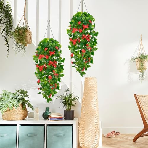 BLEUM CADE Artificial Hanging Flowers for Outdoors, 4pcs Fake Hanging Plants Pothos Vines with Red Flowers for Wall Home Living Room Indoor Outdoor Decor (No Baskets) - Image 4