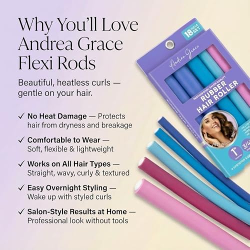 Andrea Grace Flexi Rods Foam Hair Rollers - 18 Flexi Rods -1/2" 5/8" 3/4" 1" Diameter- Professional Salon Quality Rubber Hair Rollers for Long, Medium, Short Hair, Hair Curlers to Sleep in for Women - Image 7