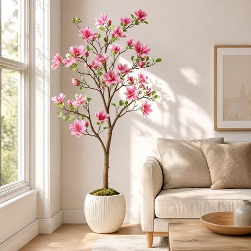 Artificial Magnolia Tree with Soft Pink Blooms, 5FT,Lifelike Faux Magnolia Tree in Pot, Silk Artificial Flowering Tree for Indoor Home Decor, Living Room, Office, Bedroom, Entryway - Image 6