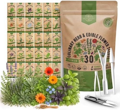 Organo Republic 30 Culinary Herbs & Edible Flower Seed Variety Pack- Indoor/Outdoor. 14000+ Non-GMO Heirloom Flower Seeds: Basil, Borage, Echinacea, Lavender, Oregano, Rosemary Seeds & More by OrganoRepublic