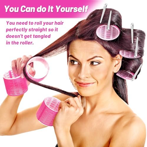 Jumbo Hair Curlers Rollers, 12Pcs 60mm Jumbo Hair Roller Curlers Self Grip Holding Rollers with 12Pcs Hair Clips for Long Straight Thick Hair (Rose Red) - Image 5
