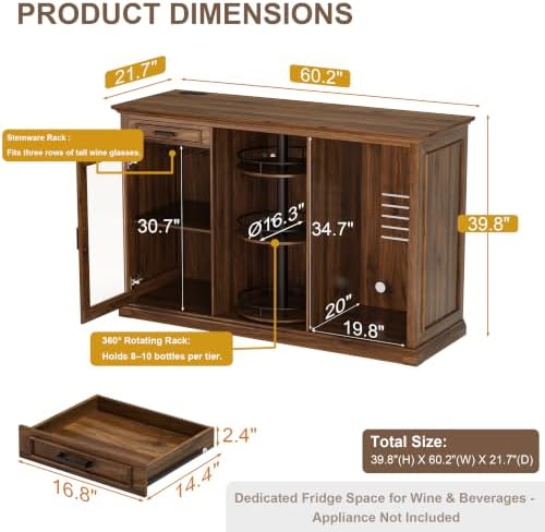 GDLF 60.2-Inch Home Bar Cabinet with Fridge Space, Warm Amber LED, Walnut - Image 2