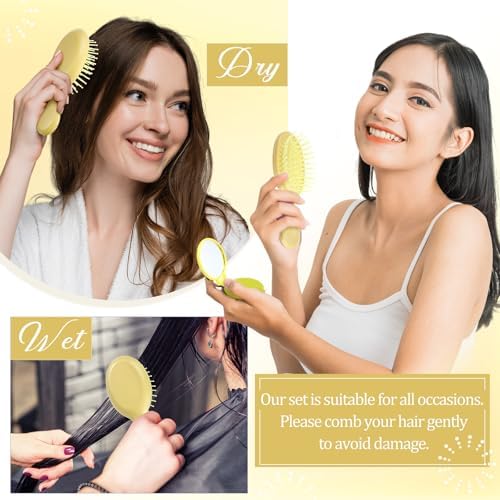 Meanplan 24 Pcs Mini Hair Brush Set Travel Wet Dry Hair Combs Pocket Detangling Compact Folding Makeup Mirrors for Spa Sleepover Birthday Bridal Shower Bachelorette Christmas Party Gift(Yellow) - Image 5