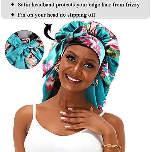 Extra Long Satin Bonnet Sleep Cap for Women, Double Layer Silky Hair Bonnet for Braids/Curly/Long Hair - Soft Elastic Band, Green Floral - Image 6