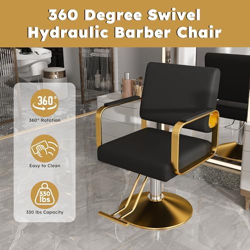 KEIKI Hydraulic Salon Chair, 360° Swivel Barber Chair with Pump, Black Gold - Image 5
