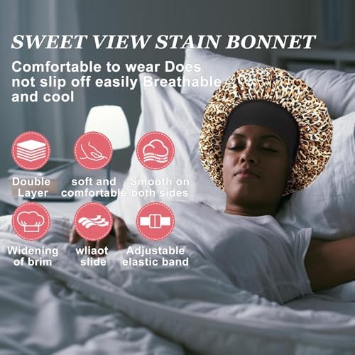 4PCS Silk Hair Bonnet for Sleeping,Hair Wrap Satin Bonnets Shower Cap for Black Women Men, Elastic Wide Band Hair Bonnet Cap for Sleeping Curly Hair(Black & Wine Red & Purple Print & Leopard Pattern) - Image 6
