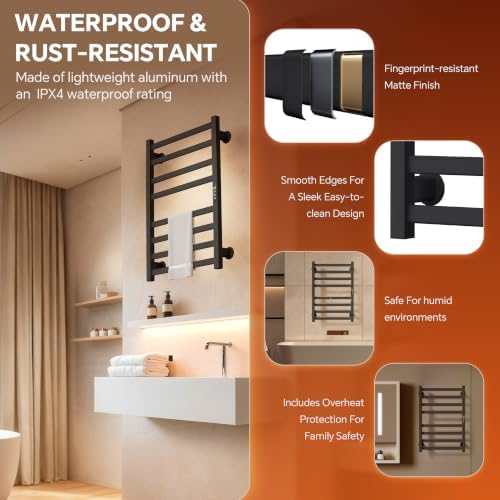 Electric Towel Warmer Wall Mounted, Heated Towel Rack with Intelligent Timer & Temperature Control, Plug-in or Hardwired, Left/Right Compatible, 27 Inch, Black - Image 7