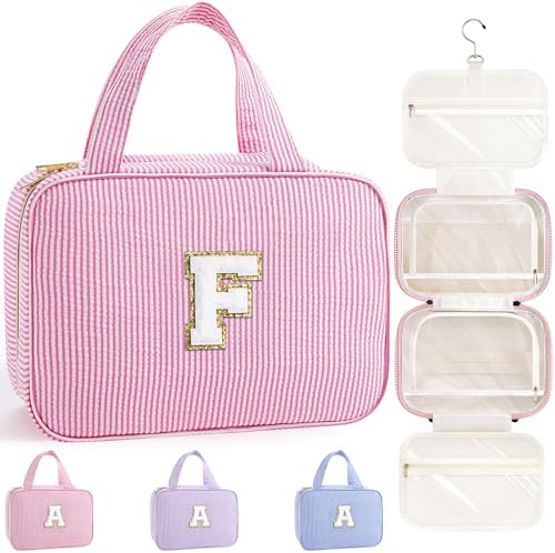 TOPEAST Gifts for Friends - Friendship Gifts for Women, Travel Toiletry Bag for Women, Hanging Toiletry Bag, Monogrammed Initial Toiletry Pouch Makeup Bag - Letter F, Pink by TOPEAST