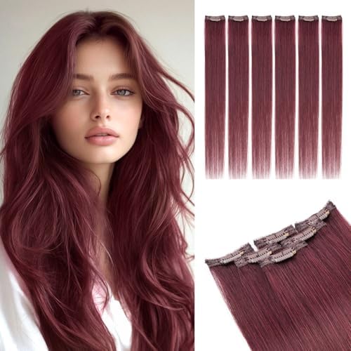 Rich Choices Real Human Hair Clip In Extensions-6 Pcs Single Clip Design-100% Remy Hairs Invisible Clip in Extensions for Thin Hair-Seamless Hairpieces for Women-22 Inches #99J Burgundy Red Halloween by RichChoices
