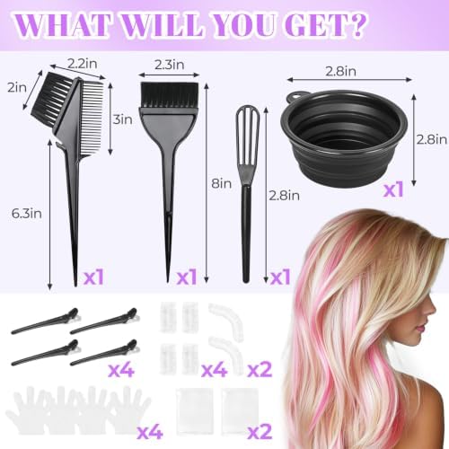 19PCS Hair Dye Kit, Hair Coloring Supplies Set with 3 Brushes, Collapsible Bowl, 4 Clips, 4 Ear Muffs, 2 Gloves, 2 Shawls, 2 Shower Caps – Reusable Home & Salon Hair Color Tools - Image 2