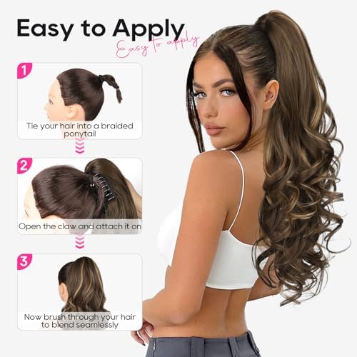 REECHO Ponytail Extension, 24" Claw Clip in Long Curly Wavy Ponytail Hair Extension Jaw Clip on Pony Tails Hairpiece for Women - Dark Brown to Blonde - Image 6