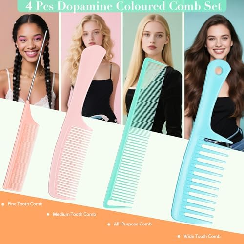 SALONSILK Dopamine Colorful 4PCS Professional Comb Set, Wide Tooth Rat Tail Fine Tooth Hair Combs, Braiding Cutting Barber Styling Curly Parting Set for Men and Women - Image 2