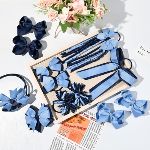 DEEKA Light Blue & Navy School Hair Accessories Set 13 Pcs Uniform Hair Bow Headband Clips Hair Ties Curly Korker Bows for Little Toddler School Girls (Light Blue&Navy) - Image 7