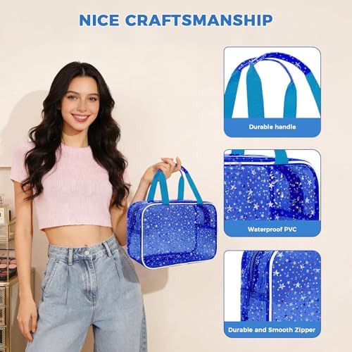Clear Deep Blue Star Large Makeup Bag with Star Pattern (12x5x8 inches), Travel Cosmetic Bag with Handle, Durable PVC Material, Zipper Opening Design—Ideal for Makeup Travel Organization or Gym Use - Image 3