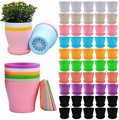 Tergy 50 Pack 4 Inch Plant Pots Bulk Small Plastic Planters Pots with Drainage Holes Flower Pot for Succulent, Cactus, Herb, African Violet (50pcs-Multicolor, 4Inches) by Tergy