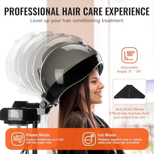 VEVOR Standing Hair Steamer for Deep Conditioning, Professional 11.81-inch Hooded Ionic Hair Steamer with 2 Modes, Height-Adjustable Hair Steamer with Timer, 5 Wheels (2 Lockable) for Home Salon Use - Image 3