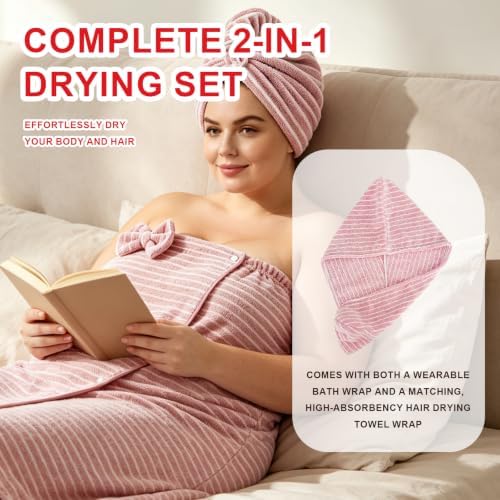Oversized Bath Towel Wrap for Women Plus Size with Hair Dry Towel Set Microfiber Soft Absorbent Body Wrap with Button Design for Shower, Spa, Beach, Latte Stripe (XL-2XL) - Image 6