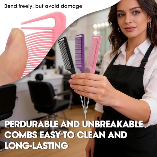 Rat Tail Combs Set: 3Pcs Long Steel Pin Teasing Combs for Salon Hair Stylists, Metal Parting Combs for Women (Purple, Black, Pink) - Image 6