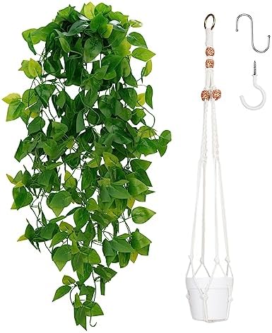 BLEUM CADE 1pcs Fake Hanging Plants Kit with Pot and Plant Hanger, Artificial Pothos Vines Hanging Potted Plant Greenery for Home Living Room Indoor Outdoor Decor by BLEUMCADE
