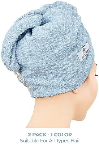 American Soft Linen 100% Cotton Hair Towels for Women, Head Towel Cap, Cotton Hair Turban Towel Wrap for Long Curly Anti Frizz Hair, Soft and Absorbent Cotton Hair Towels 2 Pack, Sky Blue - Image 3