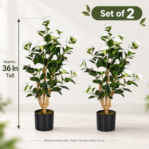 2 Pack 3FT Artificial Camellia Trees in Pots, White Flowers - Image 3