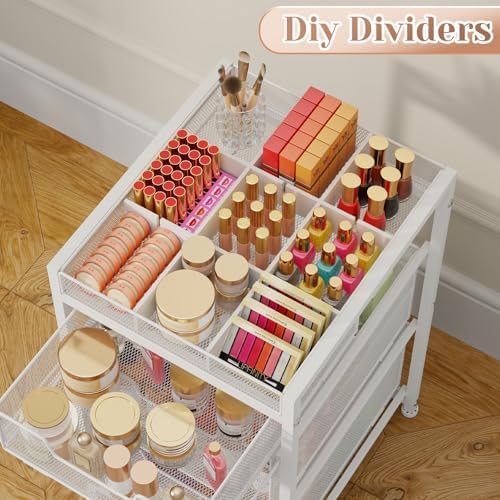 JKsmart Rolling Makeup Cart Organizer with 3 Drawers, Cosmetics Display with Dividers, Floor Skincare Storage with Wheels, Versatile Vanity Organizer for Nail Polish Perfume Brush Hair Tool, White - Image 2