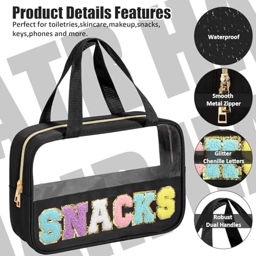 BuyCard Chenille Letter Clear Snack Makeup bag, Preppy Snacks Cosmetic Bag, Nylon & PVC Waterproof Travel Pouch with Zipper & Handle, Large Capacity Toiletry Organizer Bag for Women & Girls (Black) - Image 3