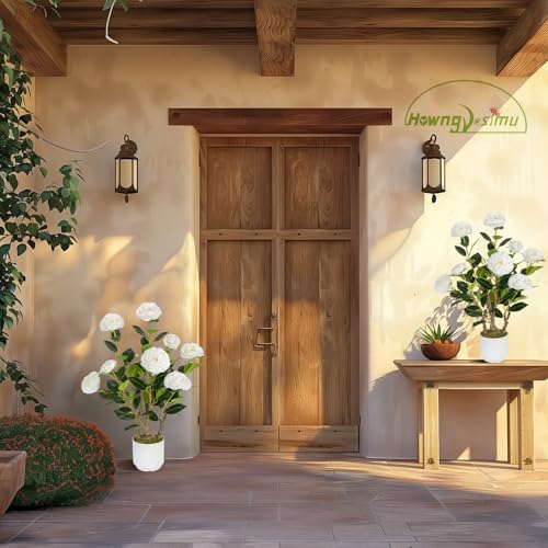 2 Pack Artificial Camellia Tree with White Pot, 24" Faux Potted Plants for Indoor Outdoor Decor, Tall Silk Greenery Plant for Home Office Living Room Balcony, White - Image 4