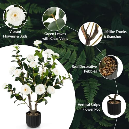 Goplus 35.5’’ Artificial Camellia Tree, Flower Plants Artificial Tree - Image 3
