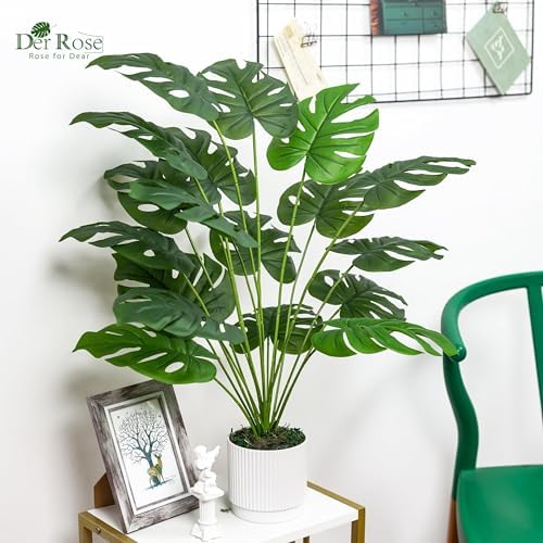 Der Rose 28" Fake Plants Large Artificial Monstera Faux Potted Plants Indoor Tall for Outdoor Living Room House Floor Front Porch Tree Decor (Pack of 2) - Image 5