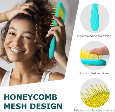 SHINLEA Vented Detangler Brush for Curly Thick Hair, Women Hairbrush with Soft Wave-Shaped Bristles, Curl Detangling Brush for Swimming Beach, Yellow and Blue - Image 2