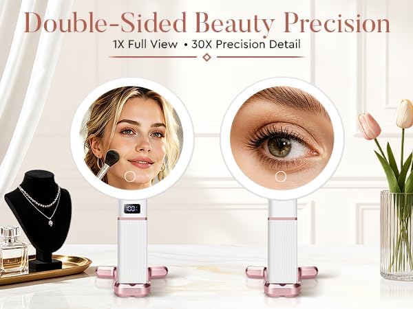 MIYADIVA Travel Makeup Mirror with Lights, Height Adjustable 30X/1X Double-Sided Magnifying Mirror, Portable Vanity Mirror with Digital Display & Phone Holder, Handheld Tabletop Hanging, Rose Gold - Image 3