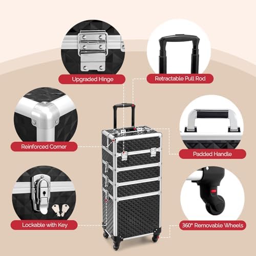 mefeir 4-in-1 Rolling Makeup Train Case Lift Handle,4 Removable Wheels Lockable Keys,Aluminum Cosmetic Trolley Beauty Stylist Artist Organizer Box,Ideal Xmas New Year Gift (Diamond Black) - Image 4