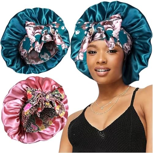 2pcs Large Silky Bonnets with tie Band Braid Bonnet, Satin Bonnet for Sleeping Curly Hair, H by Heniho