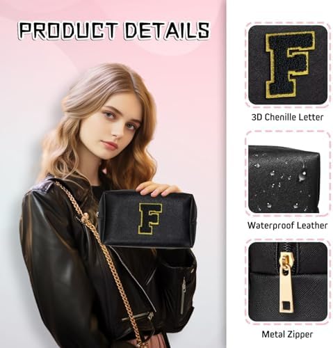 TOPEAST Personalized Birthday Gifts for Women, Preppy Patch Makeup Bag, Chenille Letter Pouch Cosmetic Bag, Travel Organizer, Birthday Gifts for Friends, Cute Stuff (Black L) - Image 4