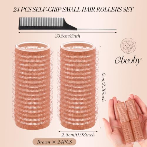 24 Pcs Self-Grip Small Hair Rollers Curlers Set, 25 mm, Brown - Image 2